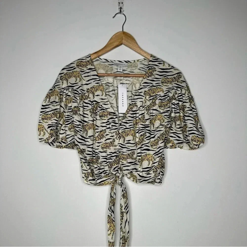TOPSHOP Nordstrom NWT Tiger Animal Print Puff Sleeve Crop Tie Front Blouse - Picture 3 of 9